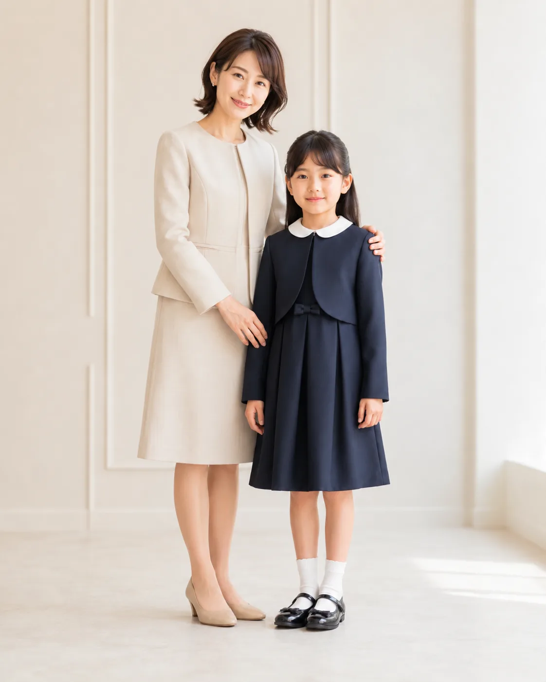 濃紺のお受験服を着た女の子と母親